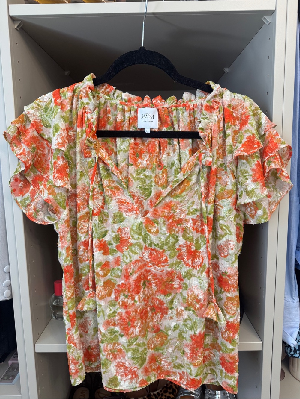 Misa Los Angeles Orange & Green Floral Ruffle Sleeve Blouse